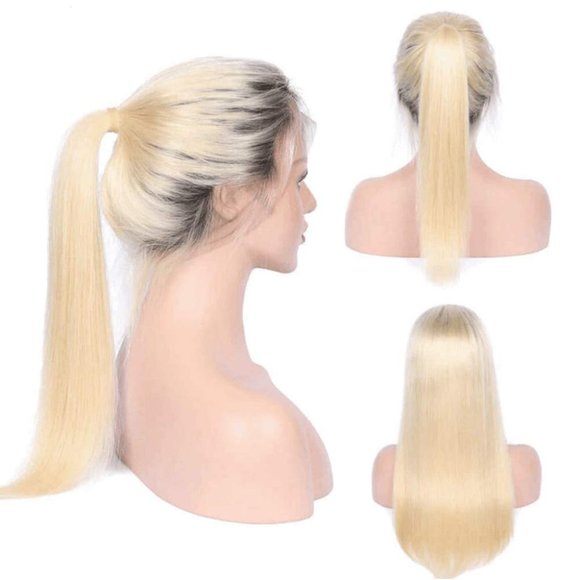 Ombre Lace Front Wig Blonde Human Hair Dark Roots Silky Straight 16 inches 150% main image 5